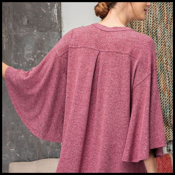 EASEL Hacci Knit Sweater Dress Mandarin Collar V-Neck & Statement Bell Sleeves - Picture 5 of 16